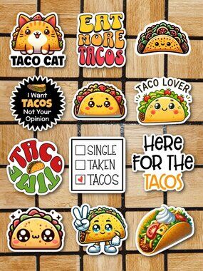 Funny Taco Sticker Pack of 12 Vinyl Stickers Waterproof Die Cut Sticker Set